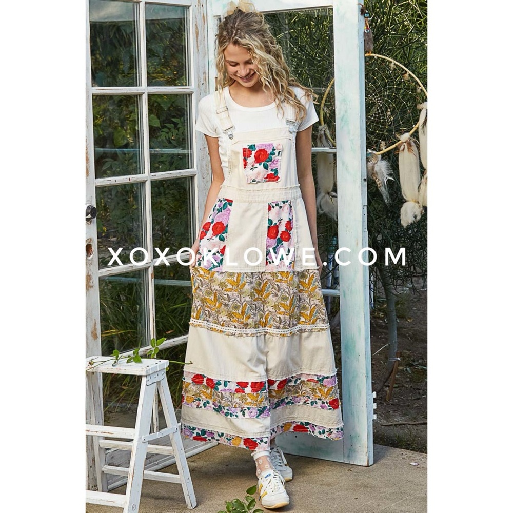 POL Floral Patchwork Beige/Cream Maxi OVERALLS Dress,Relax-fit, Small-Medium NWT